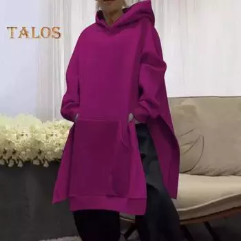 Осенне-зимняя женская толстовка с капюшоном, разрезом по низу, средней длины, с капюшоном, свободная, плотная, теплая, с длинными рукавами, большим карманом, повседневная толстовка с капюшоном S озеро синий