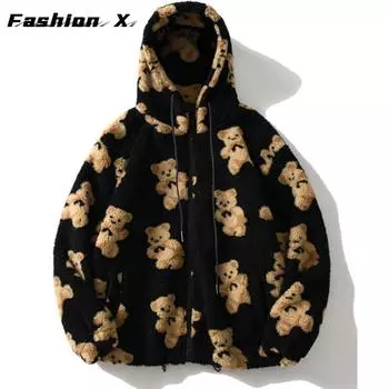 Осенне-зимняя женская толстовка с капюшоном с принтом плюшевого медведя из мультфильма, женская зимняя теплая куртка из флиса S чёрный