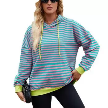 Осенне-зимняя женская толстовка с капюшоном в полоску, контрастные цвета, повседневная свободная толстовка с капюшоном и карманами S розовый/серый