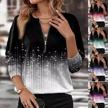 Осенне-зимняя женская толстовка с V-образным вырезом на молнии с индивидуальным принтом и длинными рукавами для женщин, пуловеры и длинные рукава для женщин S чёрный