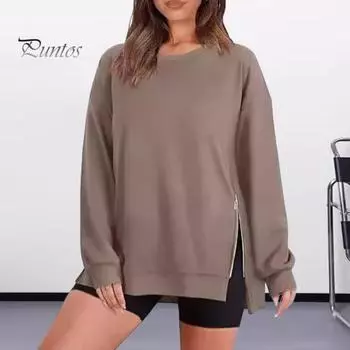 Осенне-зимняя женская толстовка с застежкой-молнией, разрезом, круглым вырезом, свободными толстыми длинными рукавами, однотонными эластичными манжетами, средней длины, повседневный спортивный топ S серый/зелёный