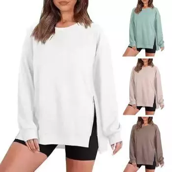 Осенне-зимняя женская толстовка с застежкой-молнией, разрезом, круглым вырезом, свободными толстыми длинными рукавами, однотонными эластичными манжетами, средней длины, повседневный спортивный топ XL