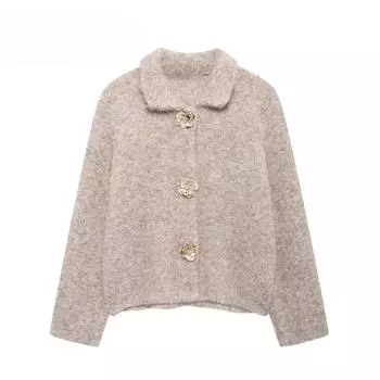 Осенне-зимняя женская трикотажная куртка с длинными рукавами и лацканами в форме цветка, декорированная пуговицами, мягкая и удобная M хаки