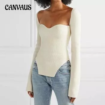 Осенне-зимняя женская трикотажная нижняя рубашка, сексуальный тонкий вязаный свитер с квадратным вырезом и эластичным низом S белый