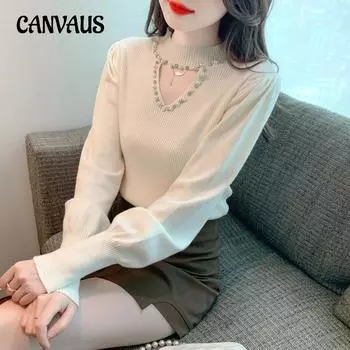 Осенне-зимняя женская трикотажная одежда Нижняя рубашка Дизайн с бисером Висячая шея Блузка с полувысоким воротником Внутренние топы с длинными рукавами One Size белый