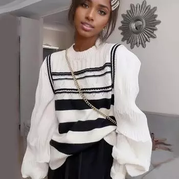 Осенне-зимняя женская трикотажная рубашка, модная повседневная полосатая винтажная женская блузка с рукавами-фонариками, элегантная однотонная рубашка с круглым вырезом, топы 24743 белый