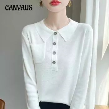 Осенне-зимняя женская трикотажная рубашка с длинным рукавом и лацканами, свободный низ, свитер S белый