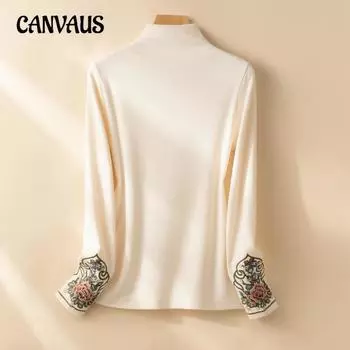 Осенне-зимняя женская трикотажная рубашка с полувысоким воротом, длинные рукава, вышитые в деревенском стиле, мягкие липкие топы XL чёрный