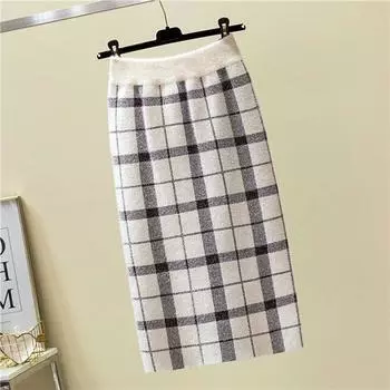 Осенне-зимняя женская трикотажная юбка миди, женская юбка с высокой талией, плотные однотонные тонкие юбки из искусственного норкового бархата S чёрный/белый