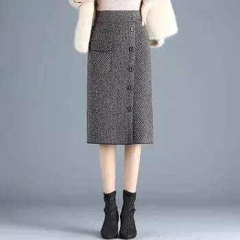 Осенне-зимняя женская трикотажная юбка с узором «гусиные лапки» Женская юбка с высокой талией, юбка на один шаг S серый