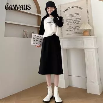 Осенне-зимняя женская твидовая юбка до половины тела, открытая вилка, юбка-трапеция средней длины, эластичная талия с высокой талией, пакет, юбка на бедрах S чёрный