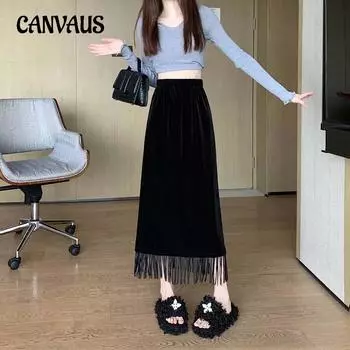 Осенне-зимняя женская юбка, бархатная длинная юбка с кисточками, эластичная талия, черная юбка трапециевидной формы, длинная юбка S чёрный