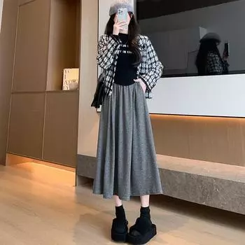 Осенне-зимняя женская юбка до середины тела, однотонная тонкая плиссированная юбка с высокой талией, большая распашная юбка средней длины, утолщенная плиссированная юбка S чёрный