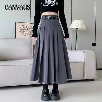 Осенне-зимняя женская юбка плиссированная юбка средней длины с высокой талией тонкая большая распашная черная юбка трапециевидной формы XS чёрный