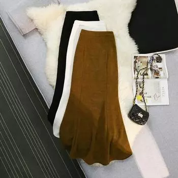 Осенне-зимняя женская юбка «рыбий хвост» в стиле ретро, тонкая вельветовая юбка длиной до бедра с завышенной талией. S чёрный