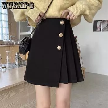 Осенне-зимняя женская юбка с асимметричными складками, большого размера, универсальная, утягивающая, короткая юбка А-силуэта, черная, облегающая бедра юбка S