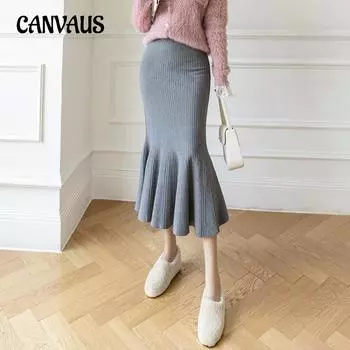 Осенне-зимняя женская юбка, трикотажная юбка, однотонная тонкая юбка «рыбий хвост», тонкая посылка, юбка с рюшами на бедрах One Size хаки