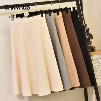 Осенне-зимняя женская юбка-зонтик с высокой талией. Эластичная новая трикотажная юбка до середины тела. Утолщенная однотонная юбка средней длины. One Size серый
