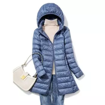 Осенне-зимняя женская ультралегкая длинная упаковываемая куртка-пуховик большого размера с капюшоном, корейское тонкое пальто с большой съемной шапкой XXXXXL чёрный