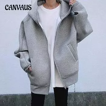 Осенне-зимняя женская уличная толстовка больших размеров с капюшоном на молнии, длинная утепленная толстовка S хаки