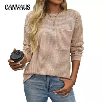 Осенне-зимняя женская вафельная однотонная повседневная свободная трикотажная одежда с круглым вырезом и карманами S белый