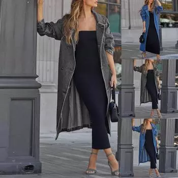 Осенне-зимняя женская ветровка из денима, хлопка, однотонная, с двойными карманами, длинная, на пуговицах, свободная куртка L чёрный