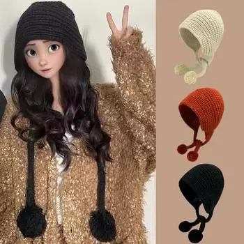 Осенне-зимняя женская вязаная черная шапка, шапка Баотоу, теплая и милая большая шапка с ушами из грубой шерсти one size пурпурно красный