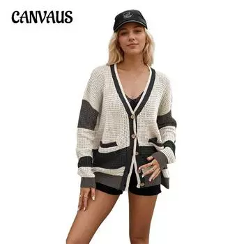 Осенне-зимняя женская вязаная куртка с V-образным вырезом, большим карманом, цветным кардиганом, свитером S серый