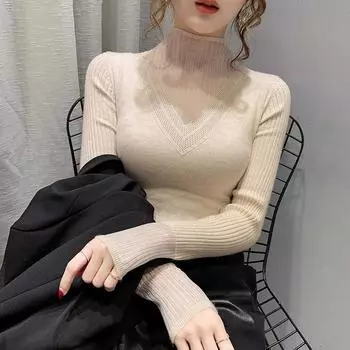 Осенне-зимняя женская вязаная майка, кружевная полуводолазка, вязаный женский тонкий свитер, пуловер, вязаный топ S абрикосовый