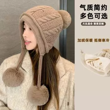 Осенне-зимняя женская вязаная шапка из шерсти кролика с тремя шариками, с начесом, утолщенная, утепленная, теплая, однотонная, теплая шапка M56-58cm чёрный