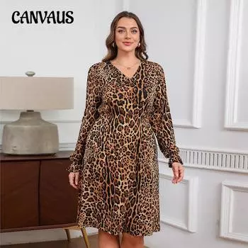 Осеннее эластичное трикотажное платье с леопардовым принтом и V-образным вырезом средней длины, сексуальное женское платье больших размеров с длинными рукавами 1XL цветной печати леопарда