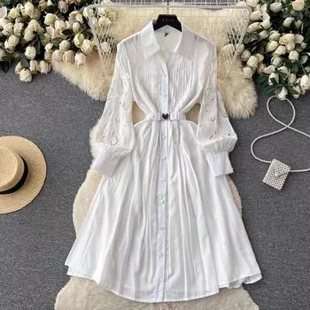 Осеннее элегантное белое кружевное лоскутное платье с вышивкой, женское однобортное платье с длинным рукавом и поясом в форме сердца, вечерние платья M белый