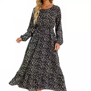 Осеннее элегантное тонкое длинное платье с круглым воротником и цветочным принтом, винтажное богемное женское шифоновое платье с оборками S