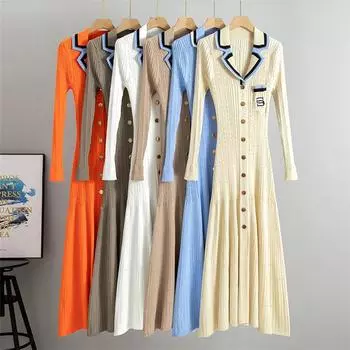 Осеннее элегантное тонкое трикотажное длинное платье женское однобортное с длинными рукавами дизайнерские винтажные платья зимний свитер XS кофейный