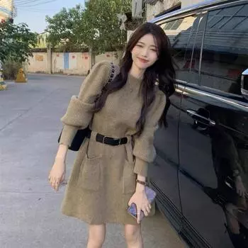 Осеннее элегантное трикотажное платье с круглым вырезом и длинными рукавами, милое платье средней и длинной длины S чёрный