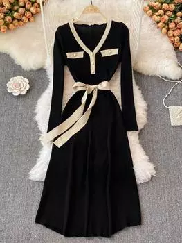 Осеннее элегантное вязаное платье с V-образным вырезом и длинным рукавом, женская мода, ретро-платья со шнуровкой и бантом, женское французское теплое тонкое трикотажное платье, новое One Size чёрный