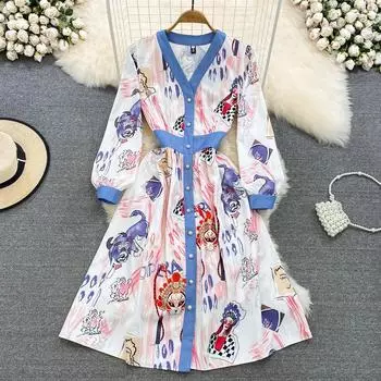 Осеннее элитное легкое роскошное темпераментное джинсовое платье трапециевидной формы с v-образным вырезом и принтом на талии, элегантное M белый