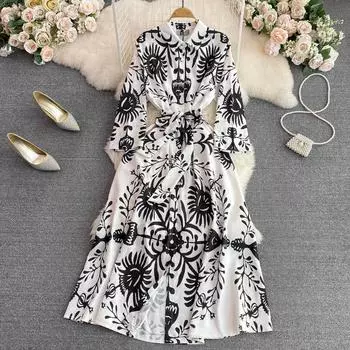 Осеннее элитное легкое роскошное темпераментное однобортное платье трапециевидной формы с длинными рукавами и принтом на талии One Size белый