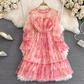 Осеннее элитное легкое роскошное темпераментное платье с круглым вырезом и длинными рукавами на талии, тонкое платье трапециевидной формы с сетчатым принтом