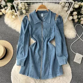 Осеннее элитное нишевое дизайнерское платье с открытыми плечами, длинными рукавами и тонким джинсовым платьем А-силуэта