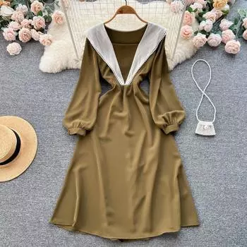 Осеннее элитное нишевое платье с контрастным цветом и квадратным вырезом на талии, тонкое платье с длинными рукавами