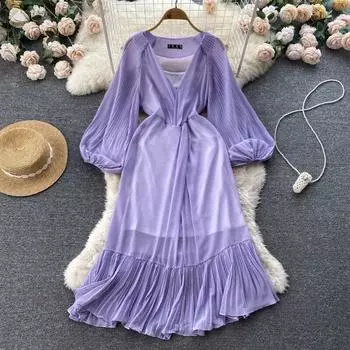 Осеннее элитное женское платье с рукавами-фонариками «Чувство холодного ветра» и французской талией, тонкое сексуальное платье с v-образным вырезом