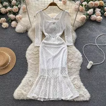 Осеннее элитное женское темпераментное ажурное платье с длинными рукавами и поясной сумкой в виде рыбьего хвоста.