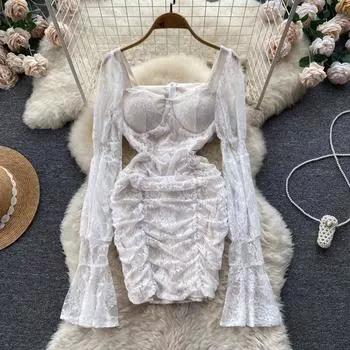 Осеннее элитное женское темпераментное платье с рукавами-трубой и цветочным принтом на талии, плиссированное платье на бедрах