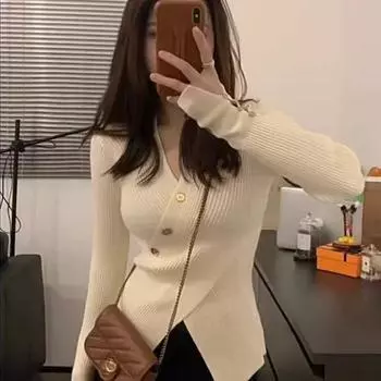 Осеннее базовое пальто Chic Irregular Top V-образный вырез свитер внутренний слой S чёрный