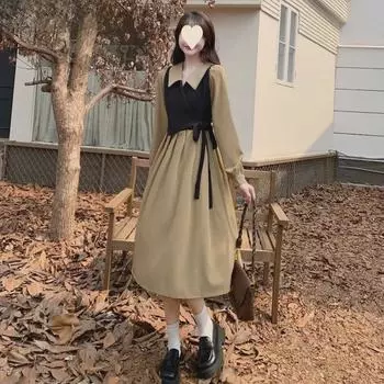 Осеннее чайное платье из двух частей в стиле Хепберн больших размеров S