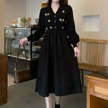 Осеннее черное длинное вельветовое платье макси с длинным рукавом в корейском стиле с цветочной вышивкой повседневное свободное женское облегающее платье А-силуэта для женщин M