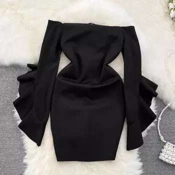 Осеннее чувство света для пожилых людей, роскошное темпераментное платье с открытыми плечами, рукавами и рогами на талии, тонкая сумка на ягодицах