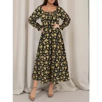 Осеннее цветочное элегантное платье-миди с рукавами-фонариками и квадратным воротником на завязках S жёлтый