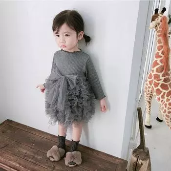 Осеннее детское трикотажное платье с длинными рукавами, бантом и сетчатой юбкой 100 cm розовый